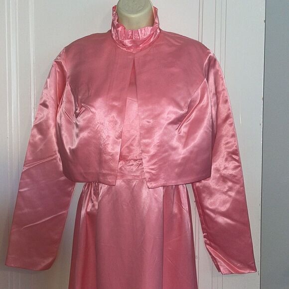 Vtg 70s pink satin halter ruffle neck party/prom dress with matching jacket - Picture 2 of 7